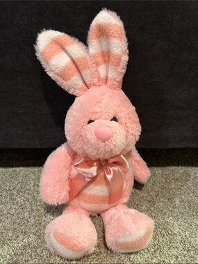 Pink Plush Bunny Stuffed Animal with Striped Ears and Belly